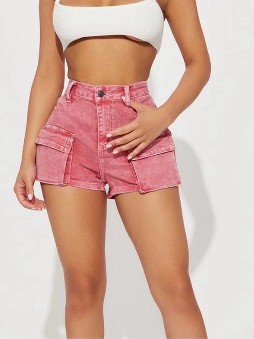 Fashion Nova Pink High-Waist Cargo Denim Shorts